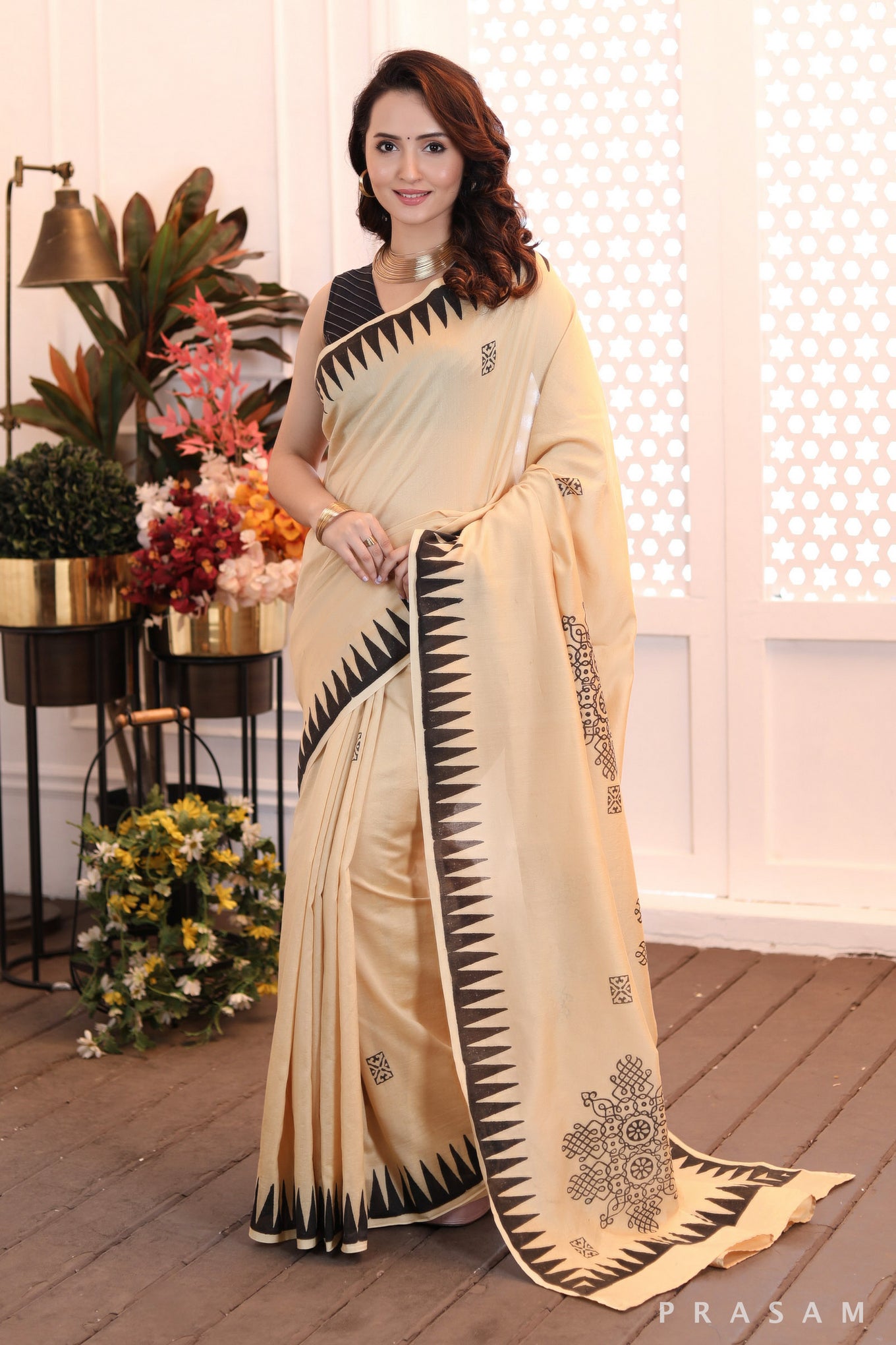 Golden grace exclusive golden hand block printed chanderi saree