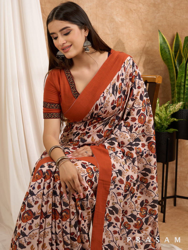 Nargis - Rust Chanderi Printed Saree With Border