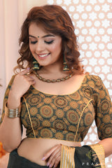 Beautiful ajrakh printed cotton blouse with yellow trims