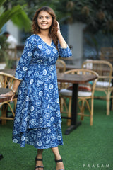 Boho BlueBell- Trendy Soft Cotton Printed Dress With Overlap Detail And Gota Lace