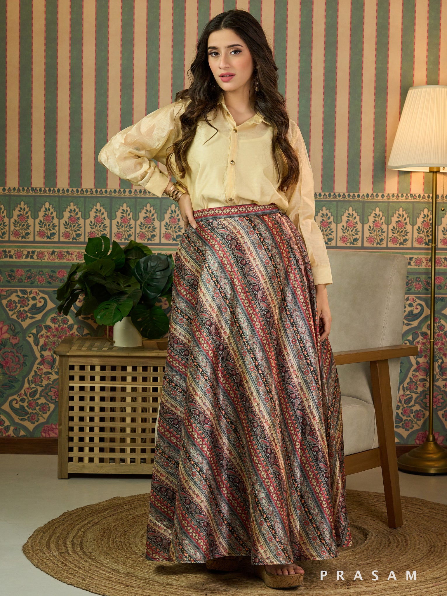 Golden Tranquility Maxi Skirt With Beige Shirt