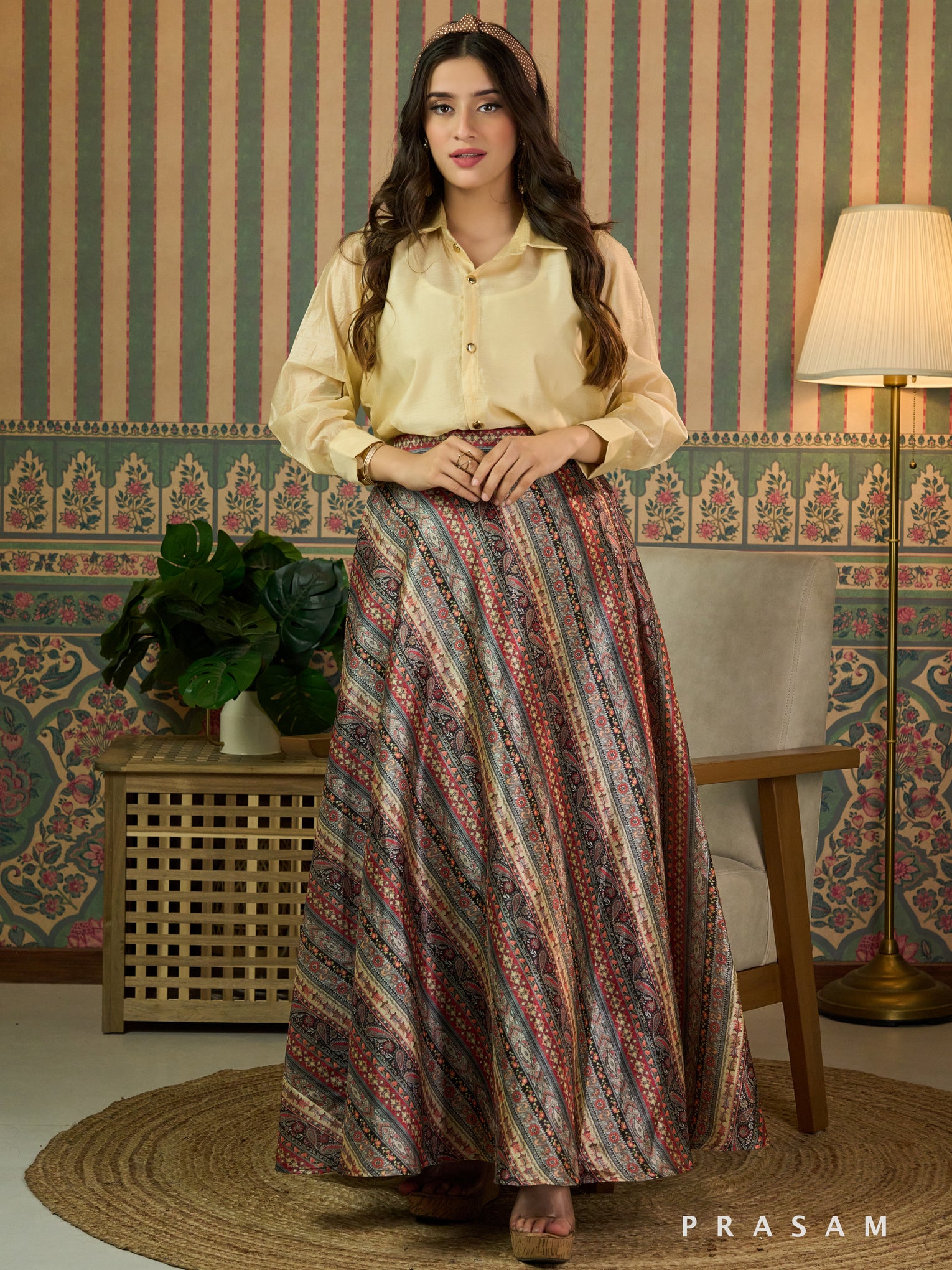 Golden Tranquility Maxi Skirt With Beige Shirt