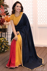 Rainbow Rhapsody gorgeously styled tri coloured chanderi cut & sew saree with lace at the borders Prasam Crafts