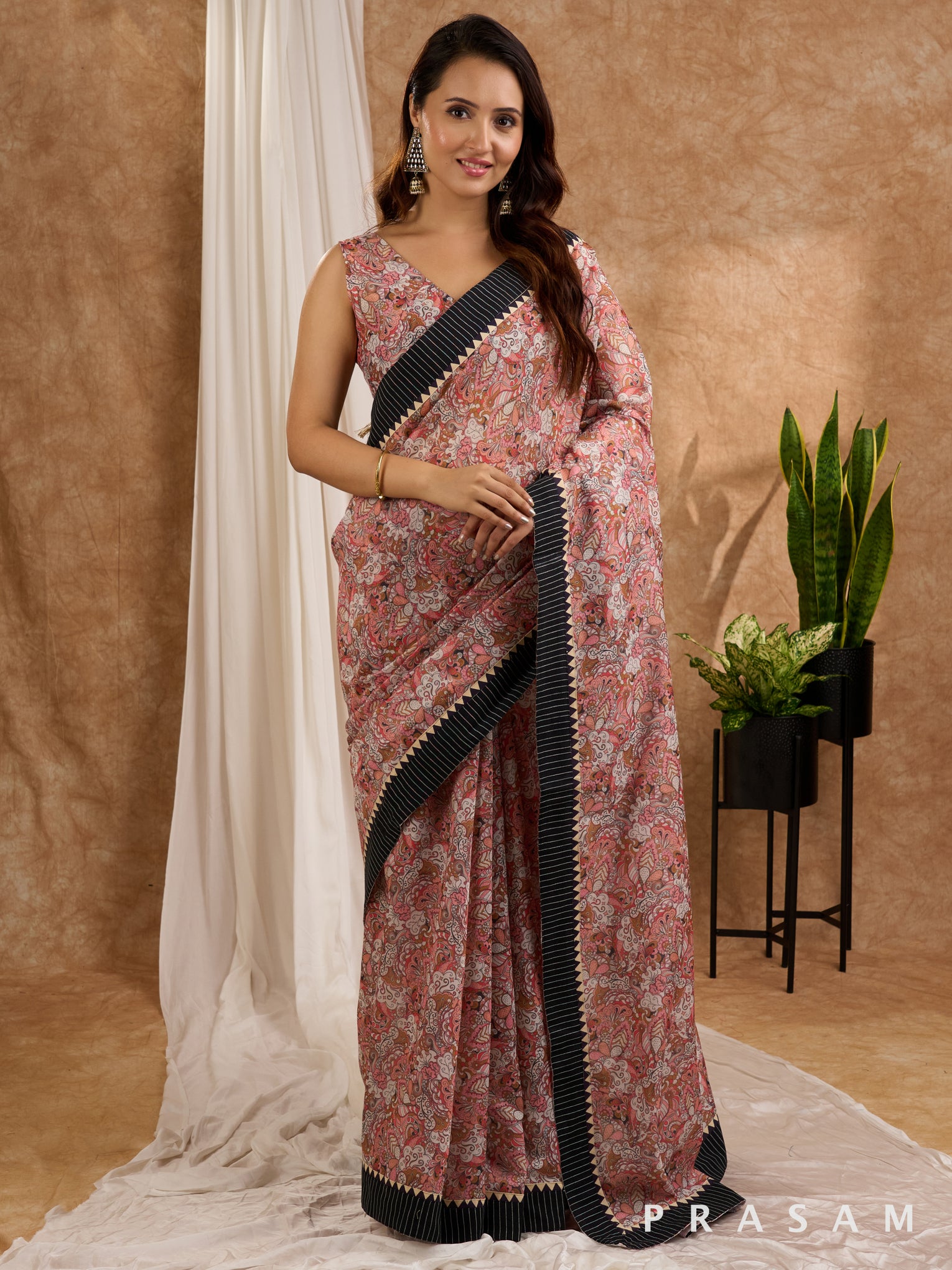 Khayali - Chanderi Peach Printed Saree with Ajrakh Stripe Border