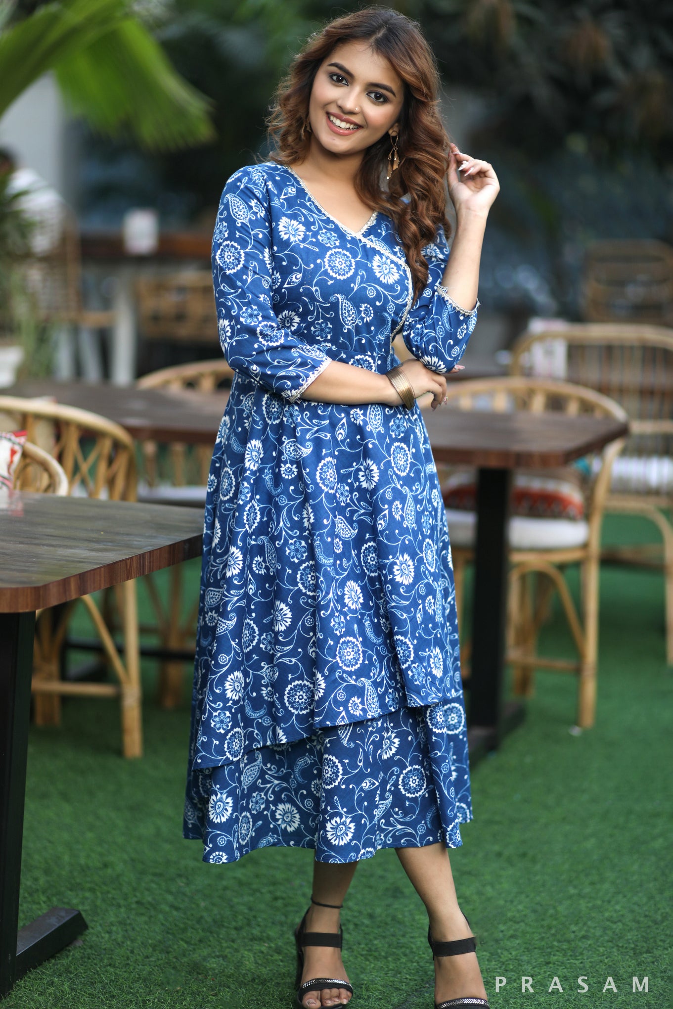 Boho BlueBell Trendy Soft Cotton Printed Dress With Overlap Detail And Gota Lace