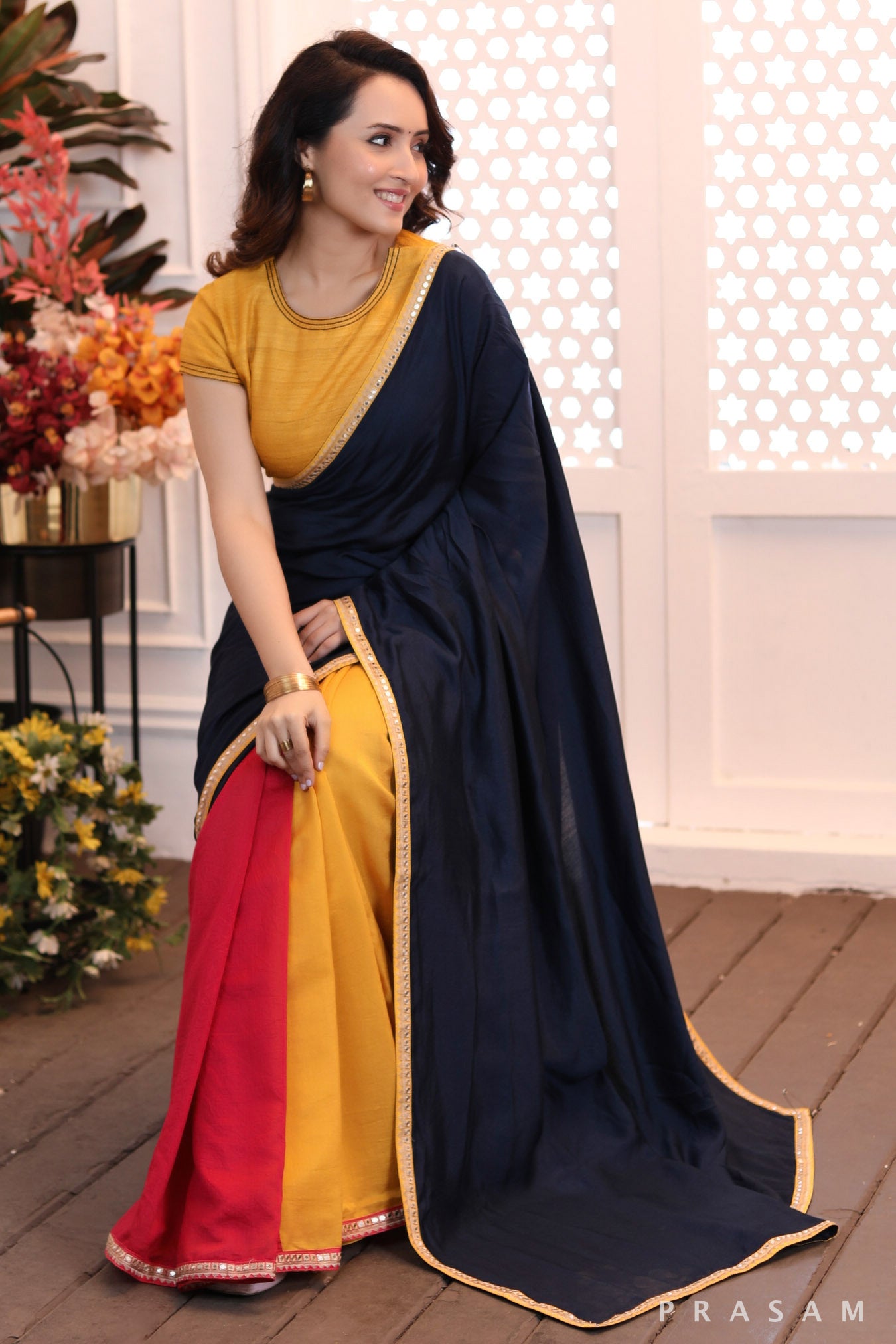 Rainbow Rhapsody gorgeously styled tri coloured chanderi cut & sew saree with lace at the borders Prasam Crafts