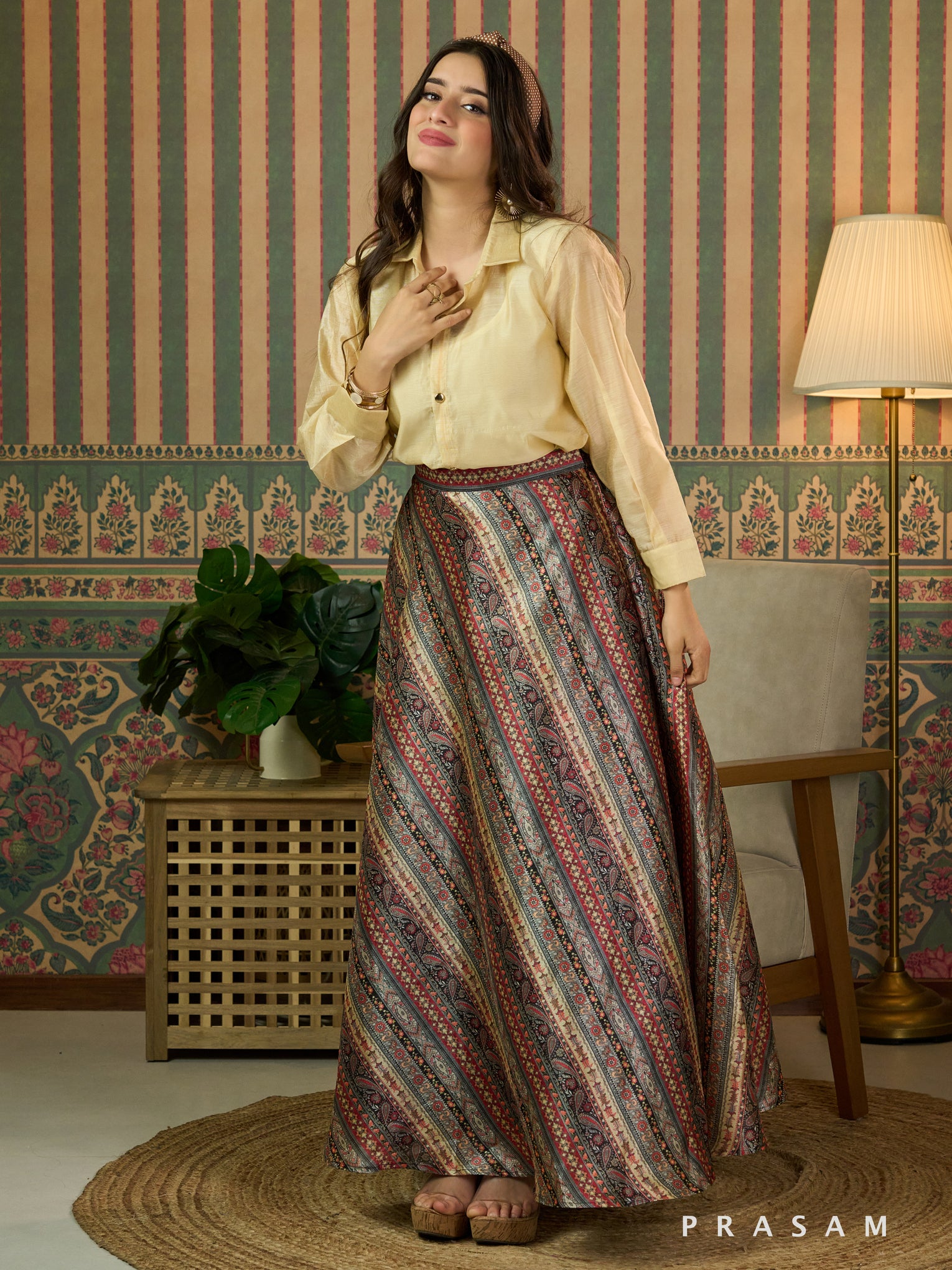 Golden Tranquility Maxi Skirt With Beige Shirt