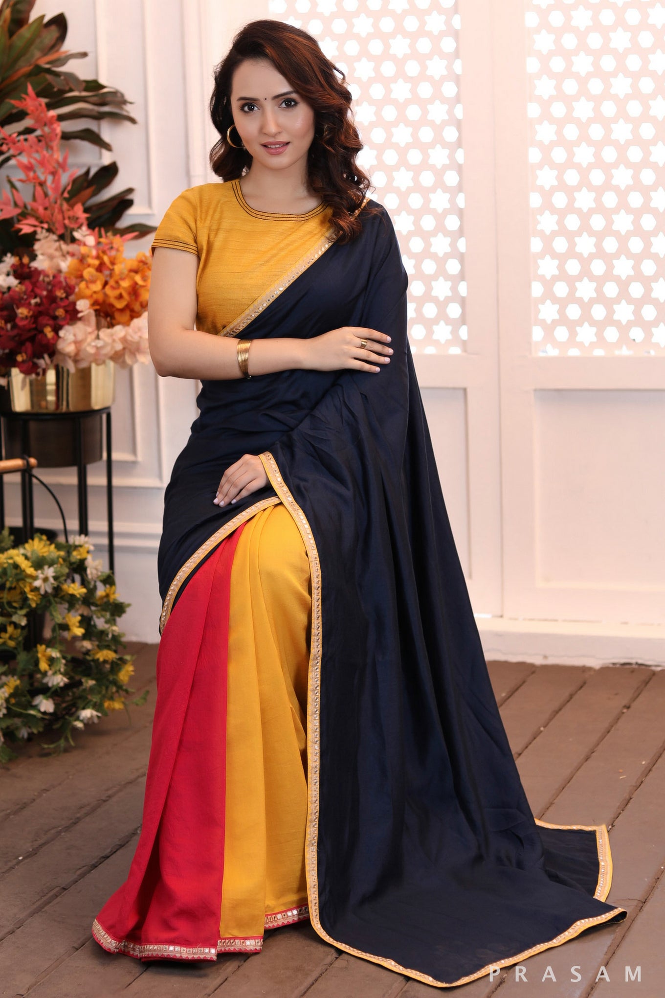 Rainbow Rhapsody gorgeously styled tri coloured chanderi cut & sew saree with lace at the borders Prasam Crafts