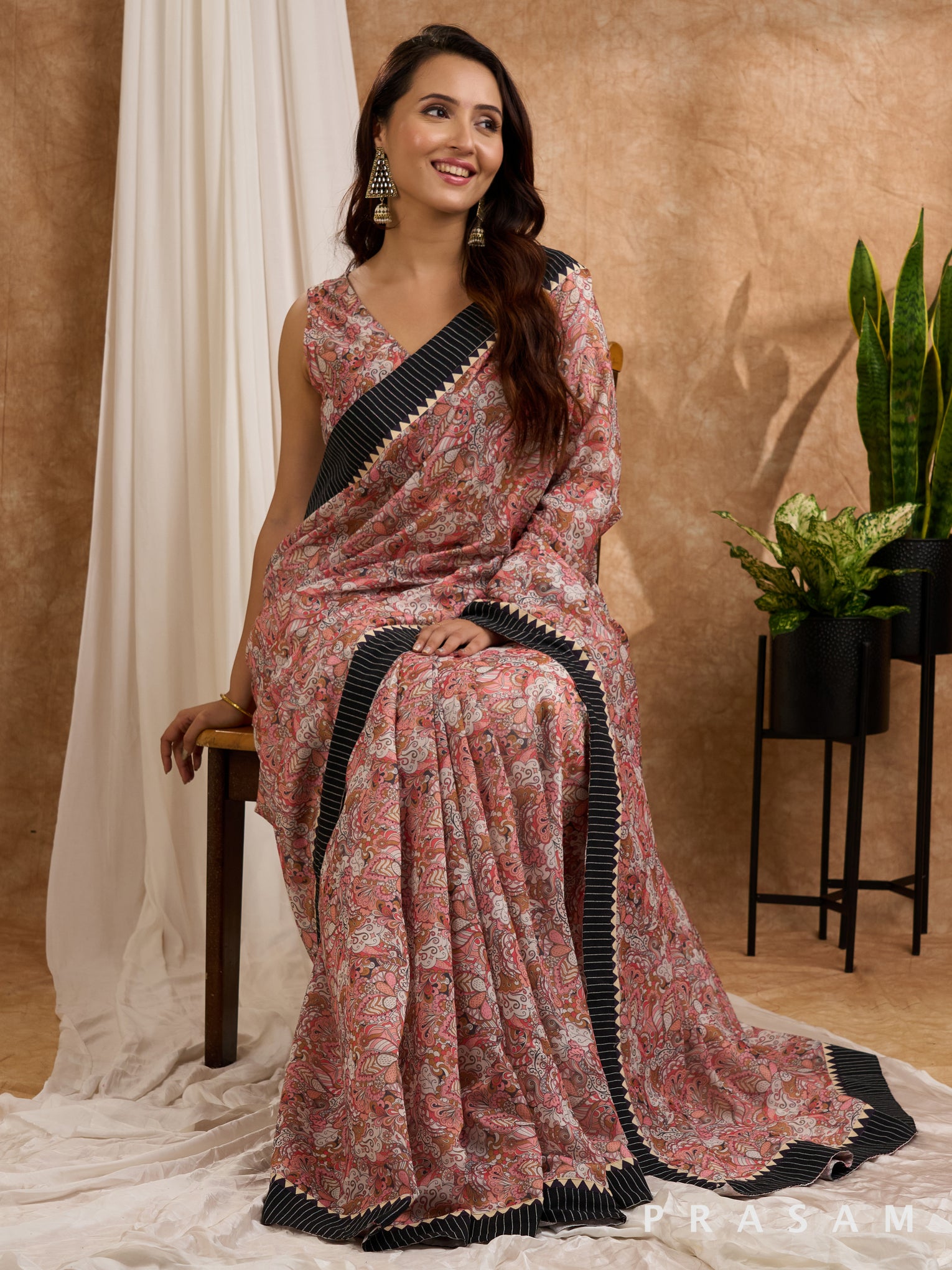 Khayali - Chanderi Peach Printed Saree with Ajrakh Stripe Border