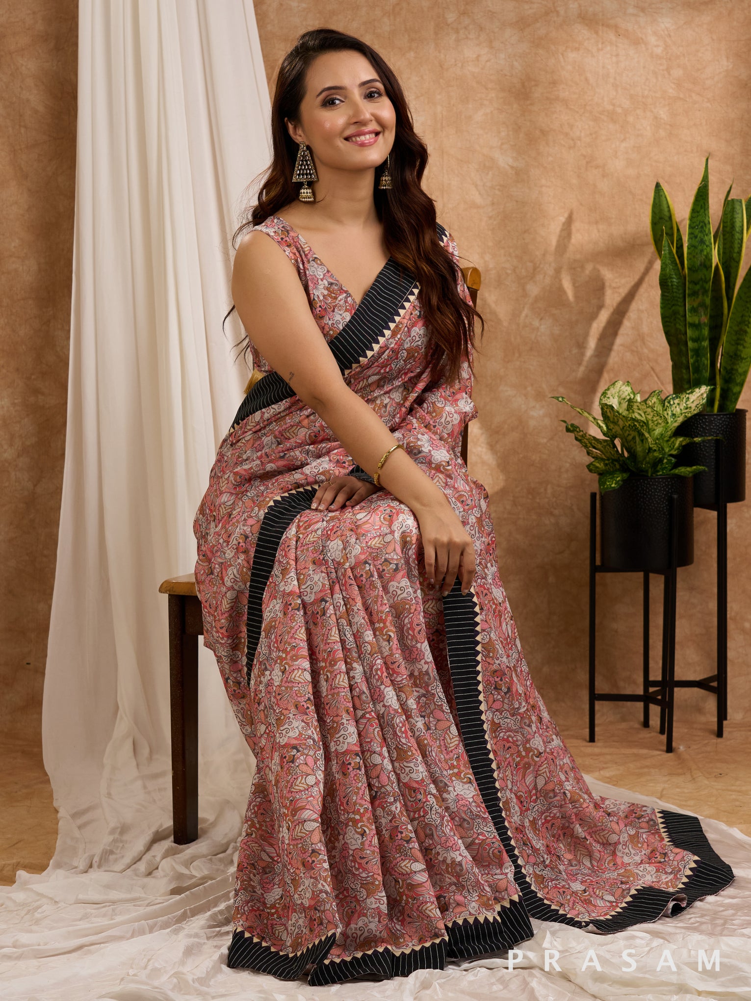 Khayali - Chanderi Peach Printed Saree with Ajrakh Stripe Border