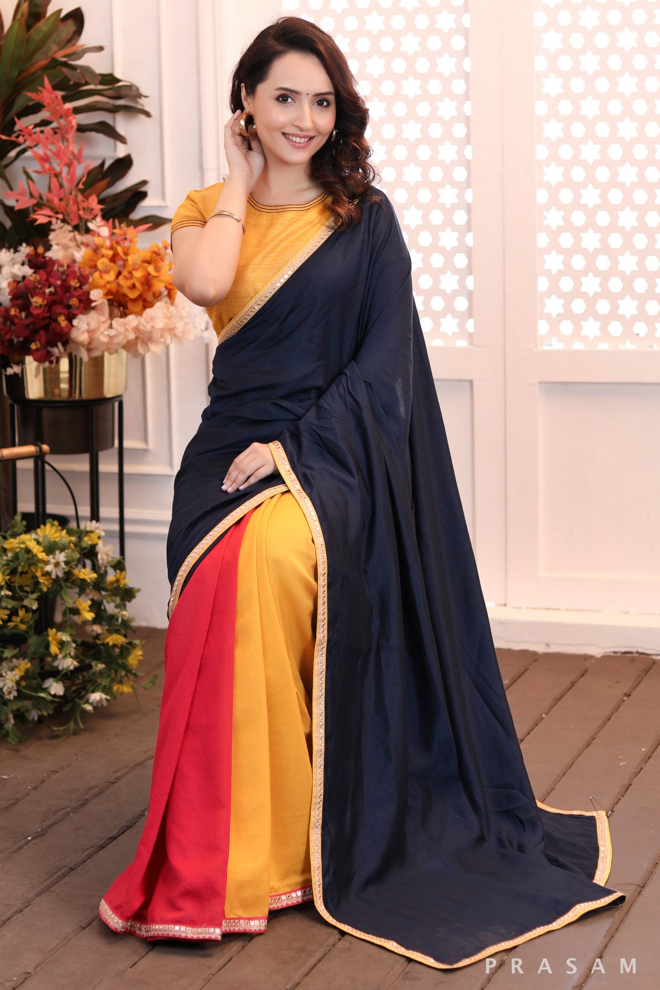 Rainbow Rhapsody gorgeously styled tri coloured chanderi cut & sew saree with lace at the borders Prasam Crafts