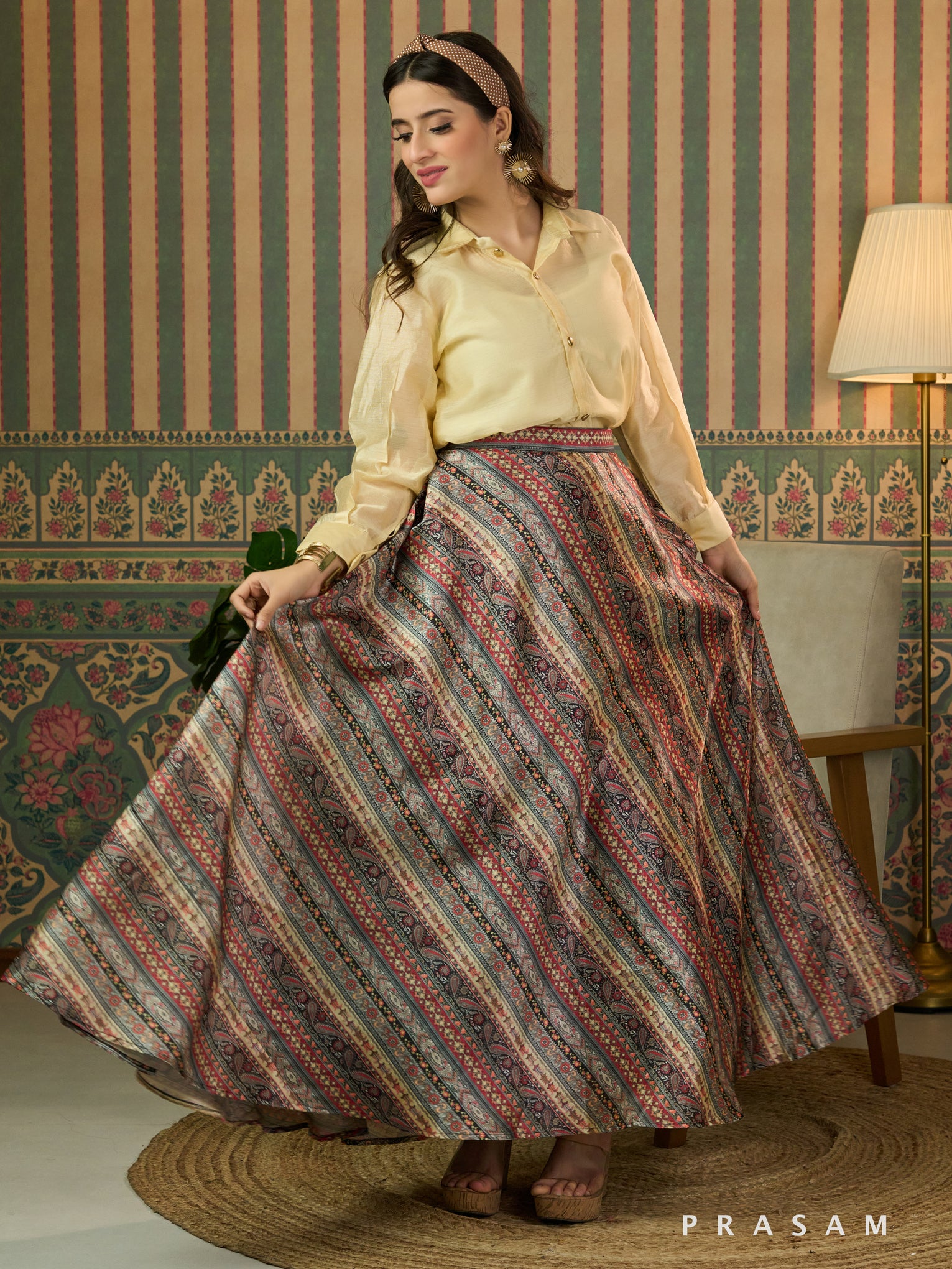 Golden Tranquility Maxi Skirt With Beige Shirt