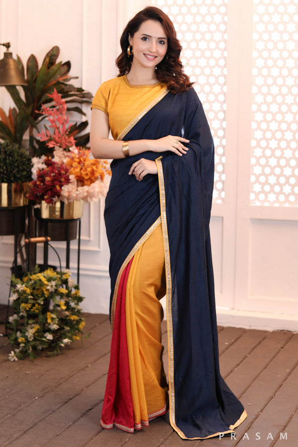 Rainbow Rhapsody gorgeously styled tri coloured chanderi cut & sew saree with lace at the borders