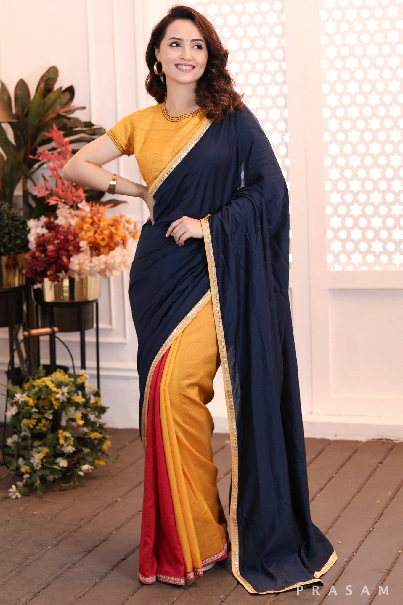 Rainbow Rhapsody gorgeously styled tri coloured chanderi cut & sew saree with lace at the borders Prasam Crafts