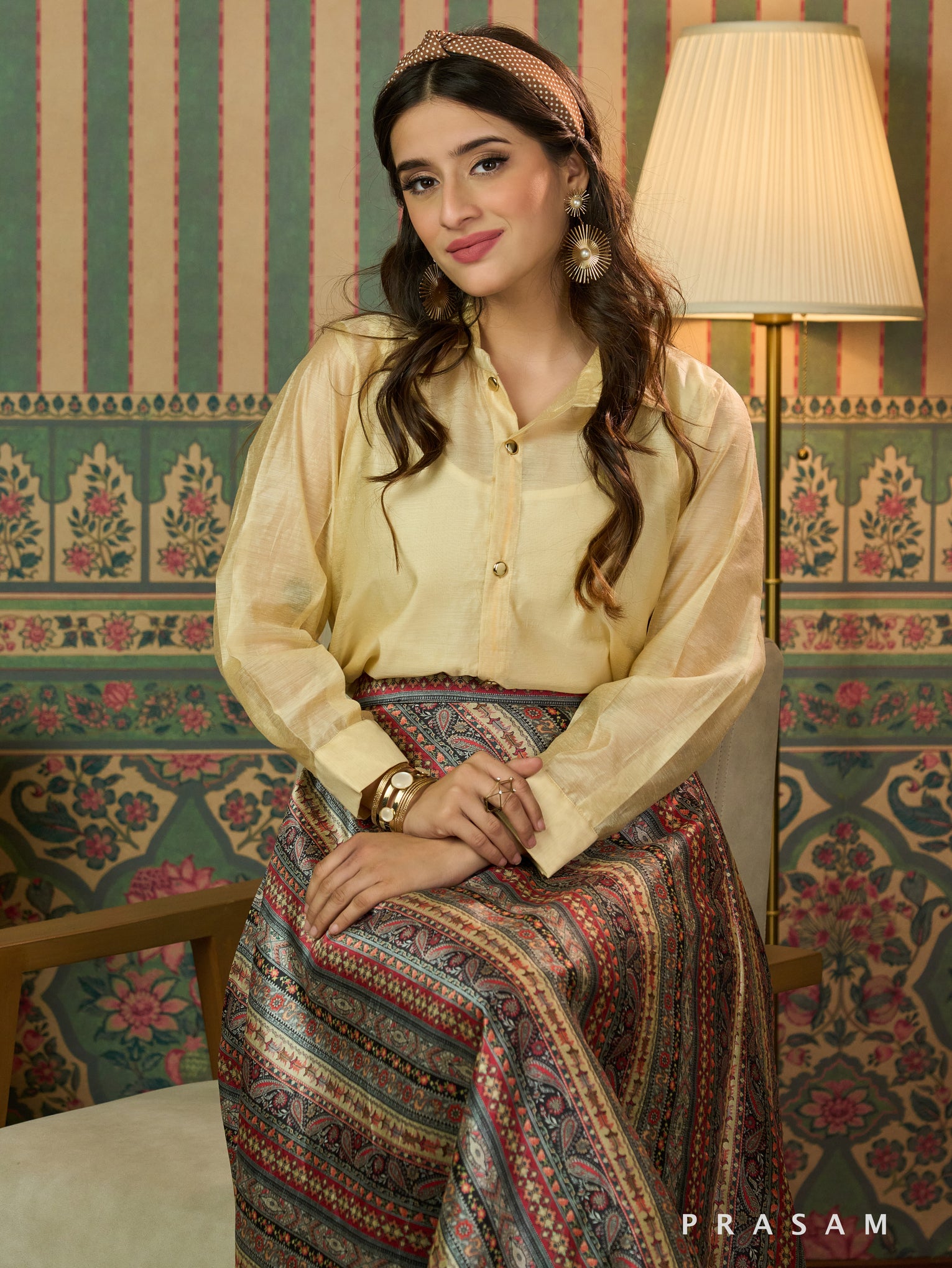 Golden Tranquility Maxi Skirt With Beige Shirt