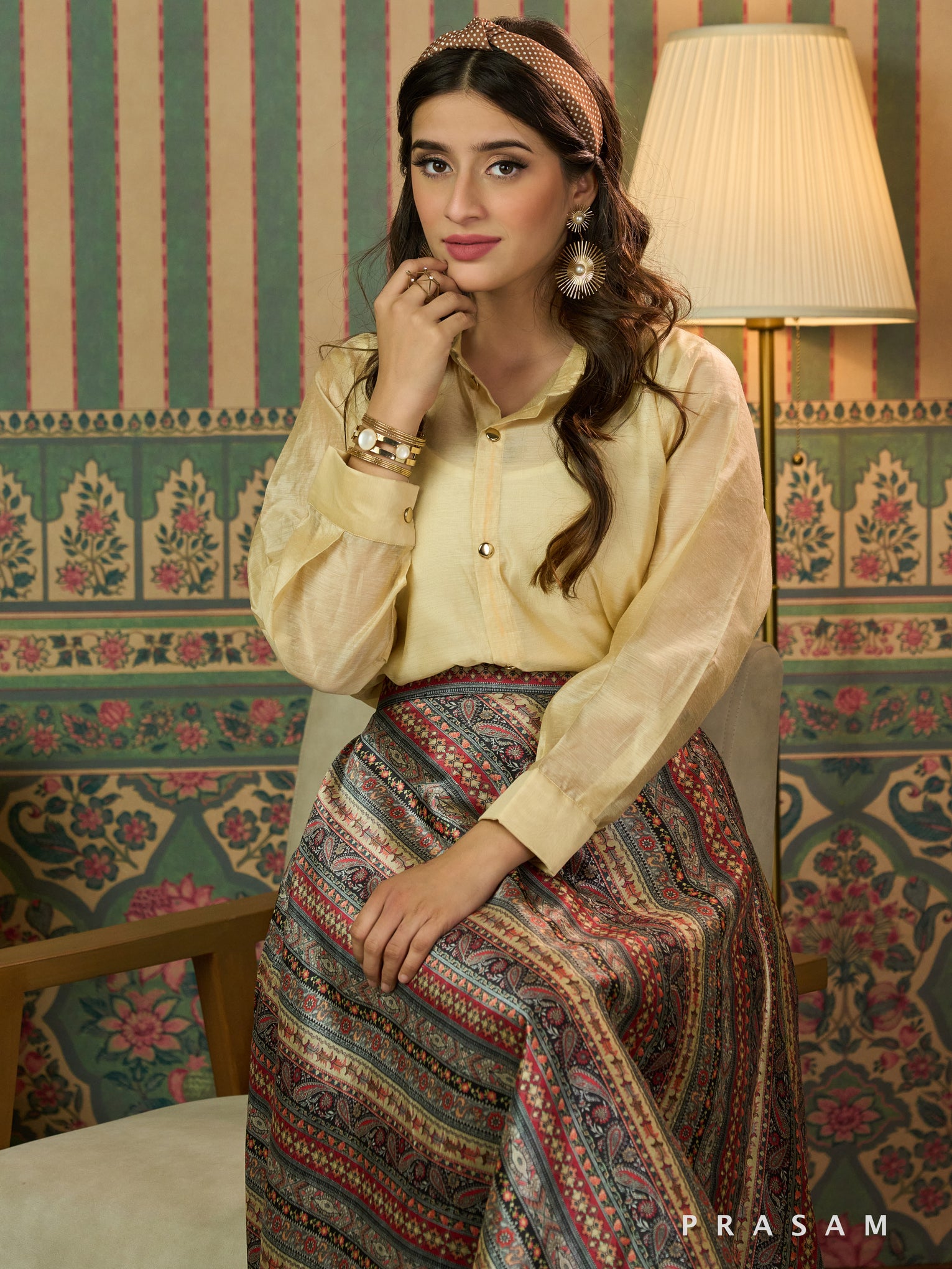 Golden Tranquility Maxi Skirt With Beige Shirt