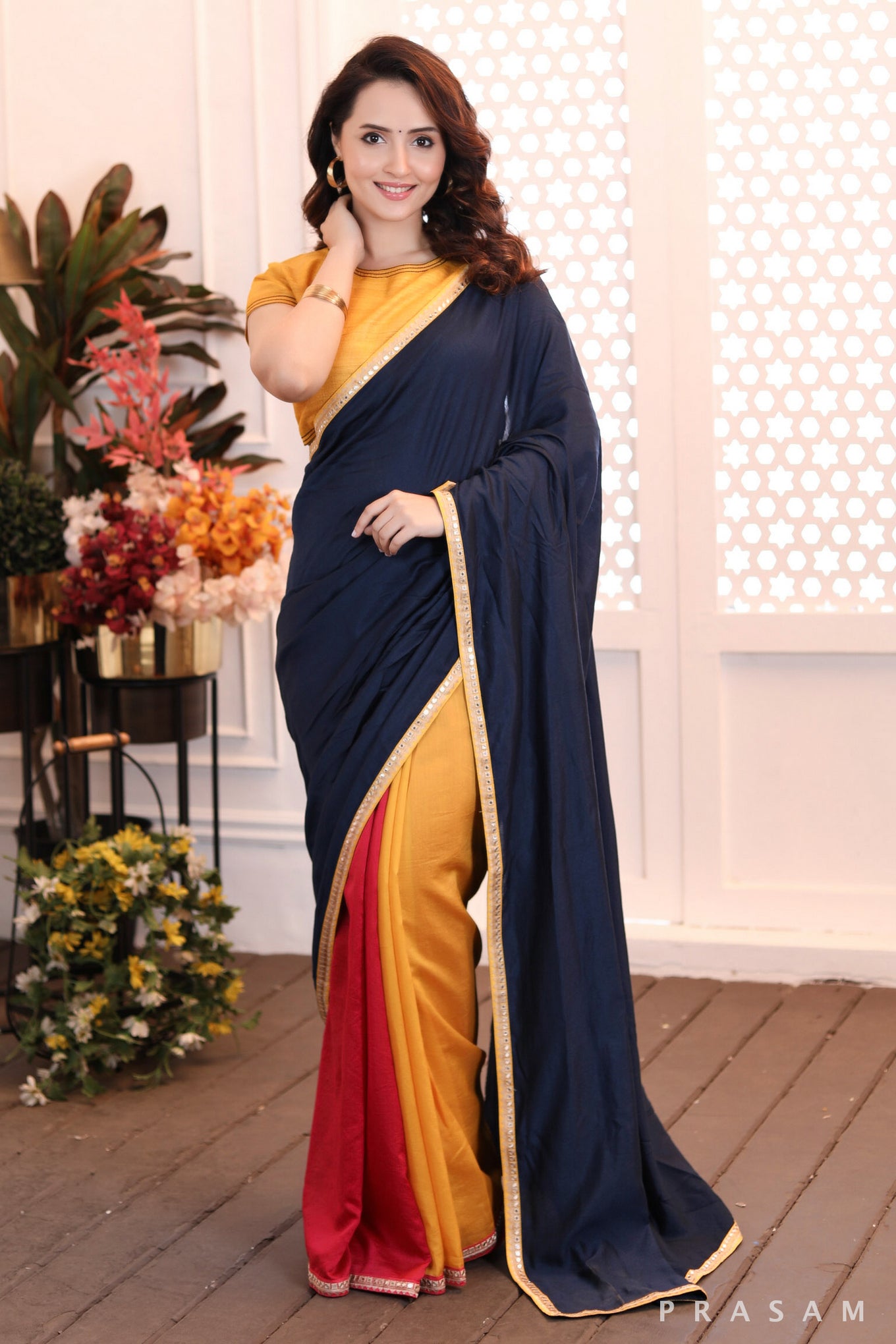 Rainbow Rhapsody gorgeously styled tri coloured chanderi cut & sew saree with lace at the borders Prasam Crafts