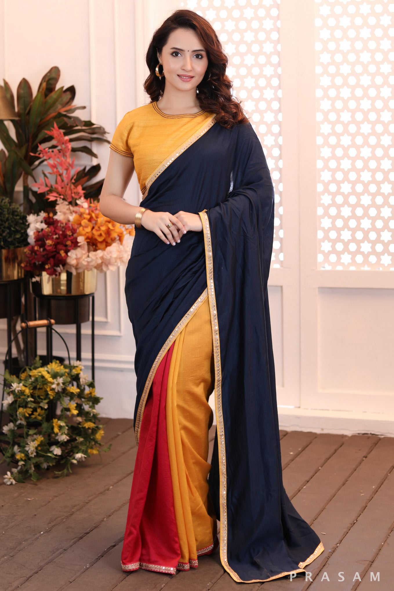 Rainbow Rhapsody gorgeously styled tri coloured chanderi cut & sew saree with lace at the borders Prasam Crafts