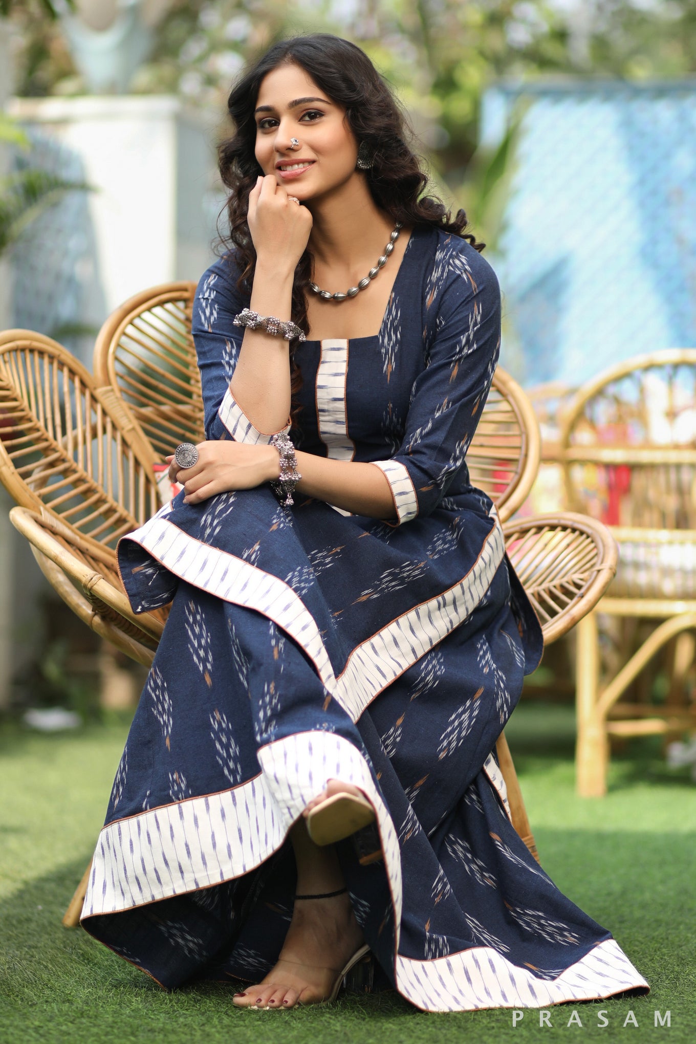 Majestic Peacock Blue Ethnically Exclusive Ikat Kurta With Skirt Bottom Set