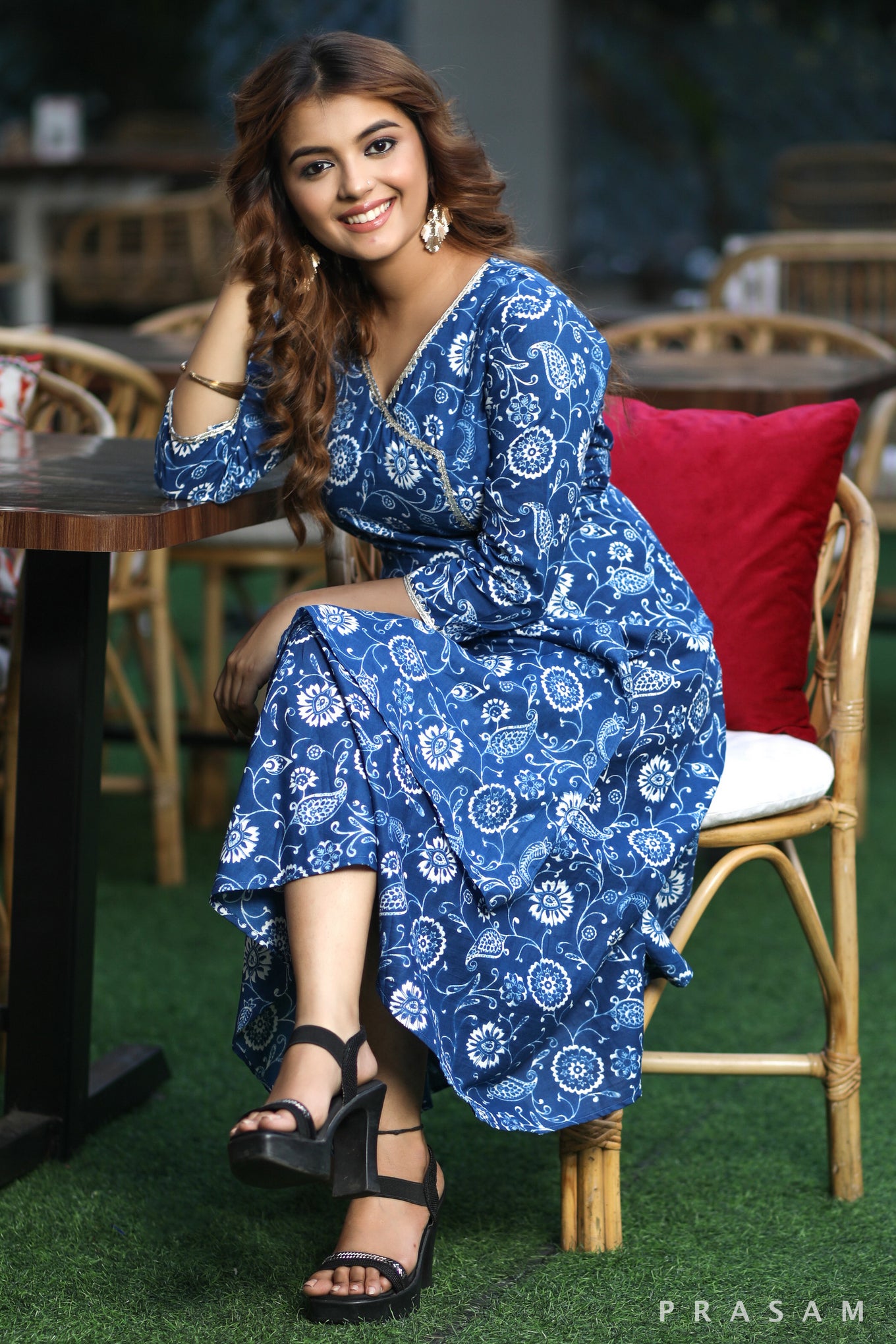 Boho BlueBell Trendy Soft Cotton Printed Dress With Overlap Detail And Gota Lace