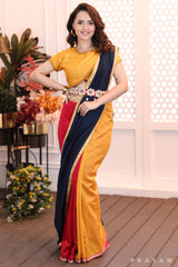 Rainbow Rhapsody gorgeously styled tri coloured chanderi cut & sew saree with lace at the borders Prasam Crafts