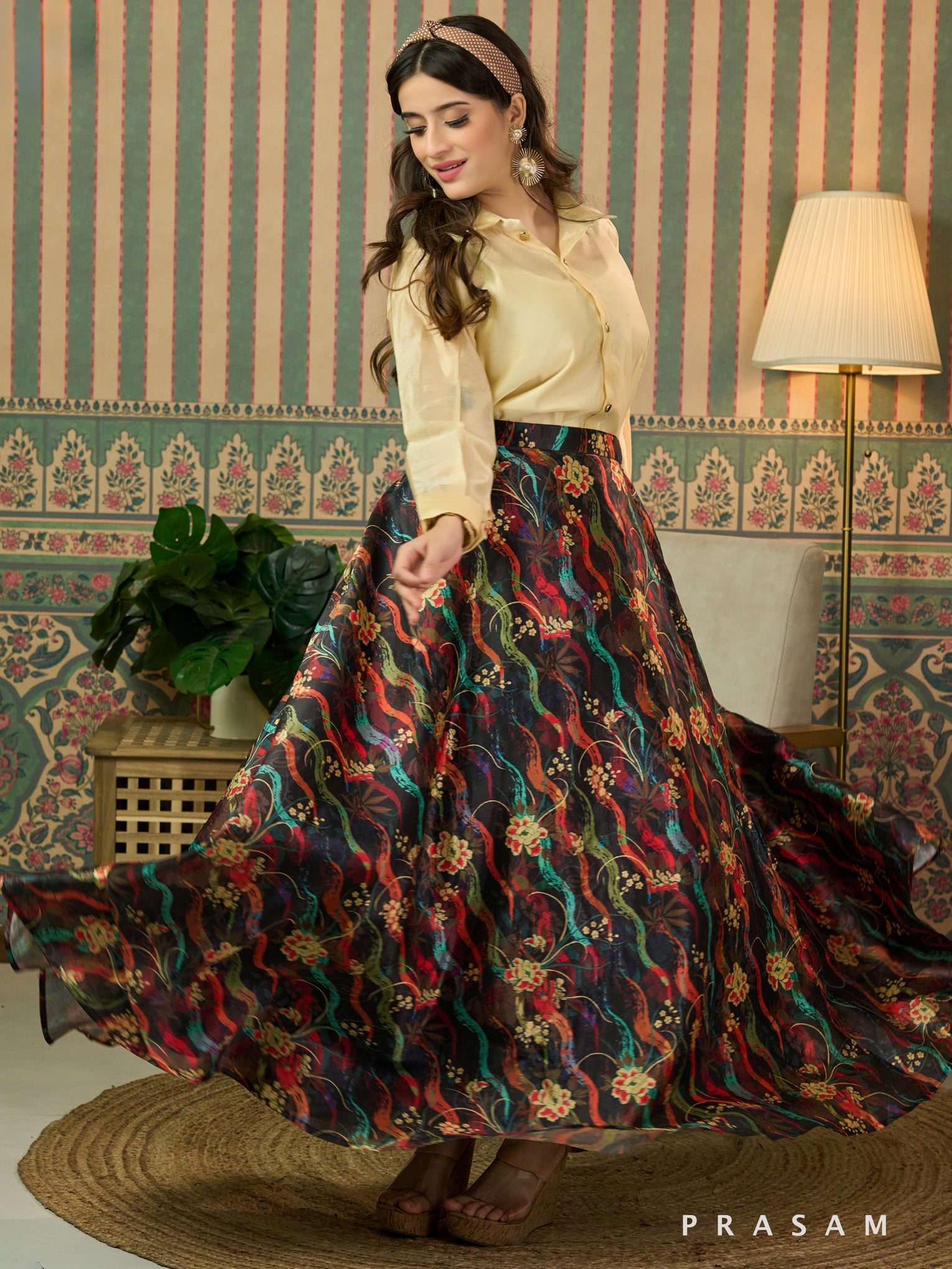 Lush Floral Fields Maxi Skirt With Beige Shirt