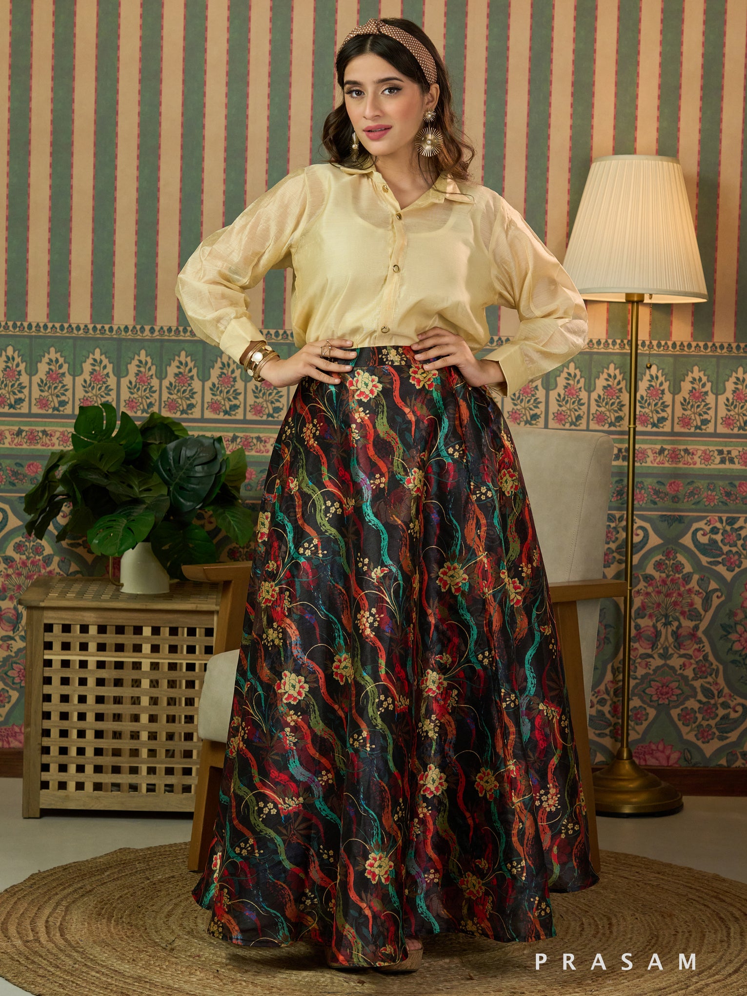 Lush Floral Fields Maxi Skirt With Beige Shirt