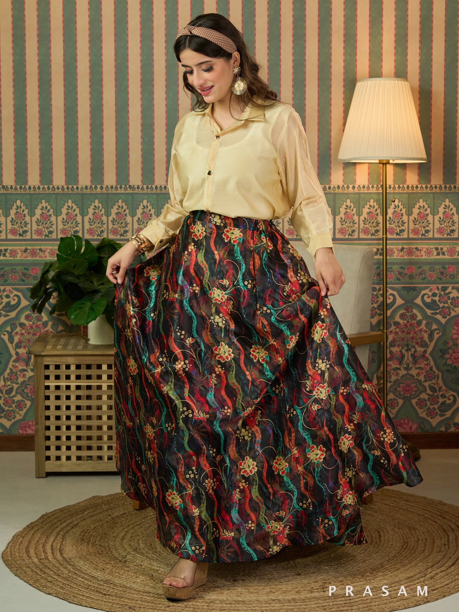 Lush Floral Fields Maxi Skirt With Beige Shirt