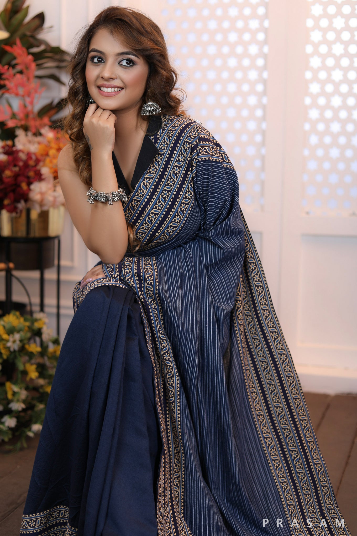 Sapphire Serenade Formal half & half chanderi and cotton mix and cotton ajrakh borders