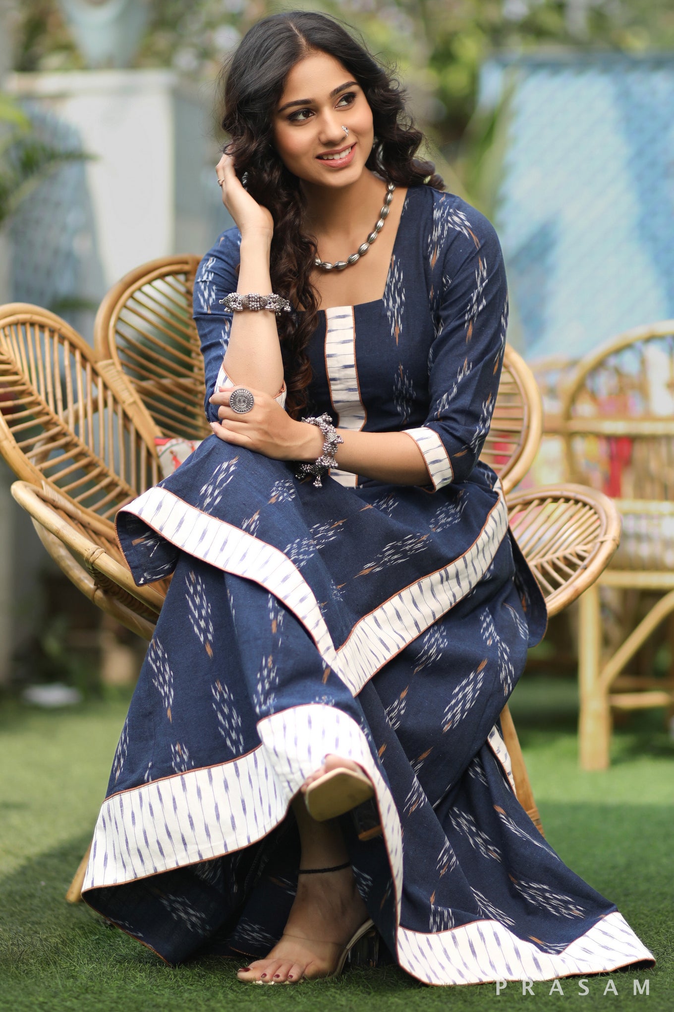 Majestic Peacock Blue Ethnically Exclusive Ikat Kurta With Skirt Bottom Set