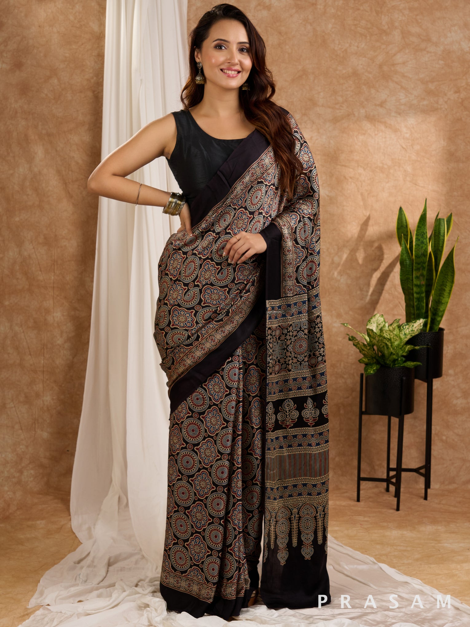 Siyahi - Ajrakh Modal Silk Saree