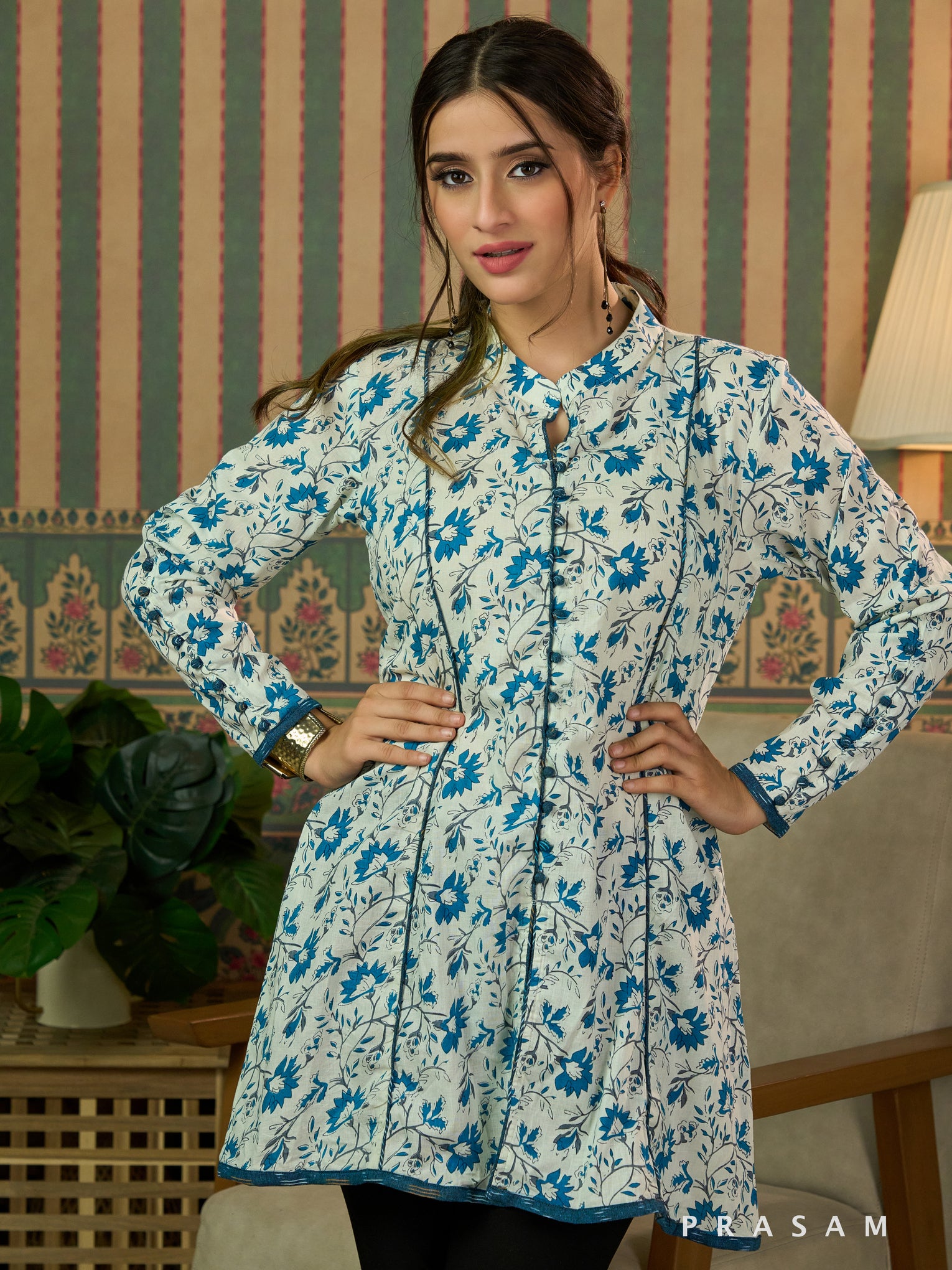 Floral Cascade Tunic with Blue Accents