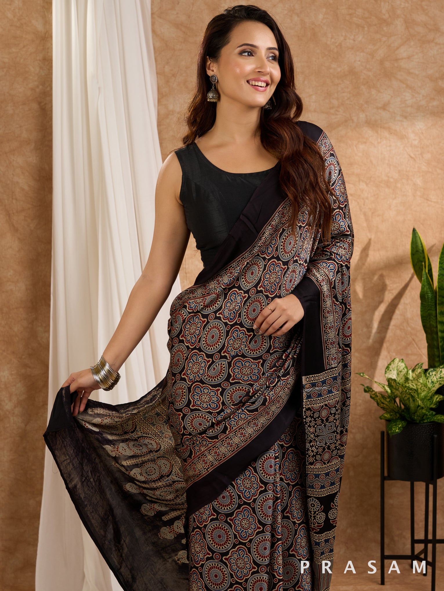 Siyahi - Ajrakh Modal Silk Saree