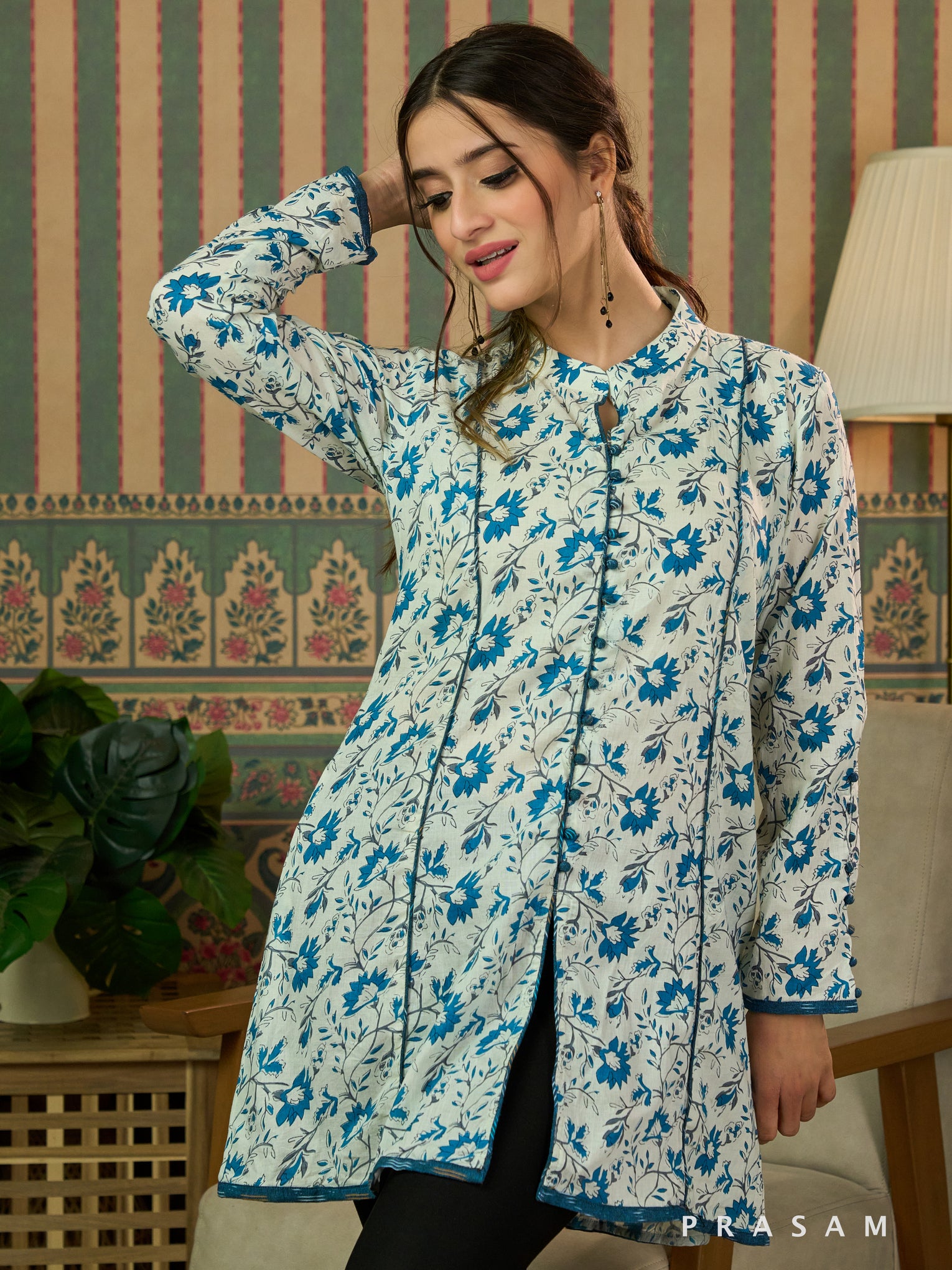 Floral Cascade Tunic with Blue Accents