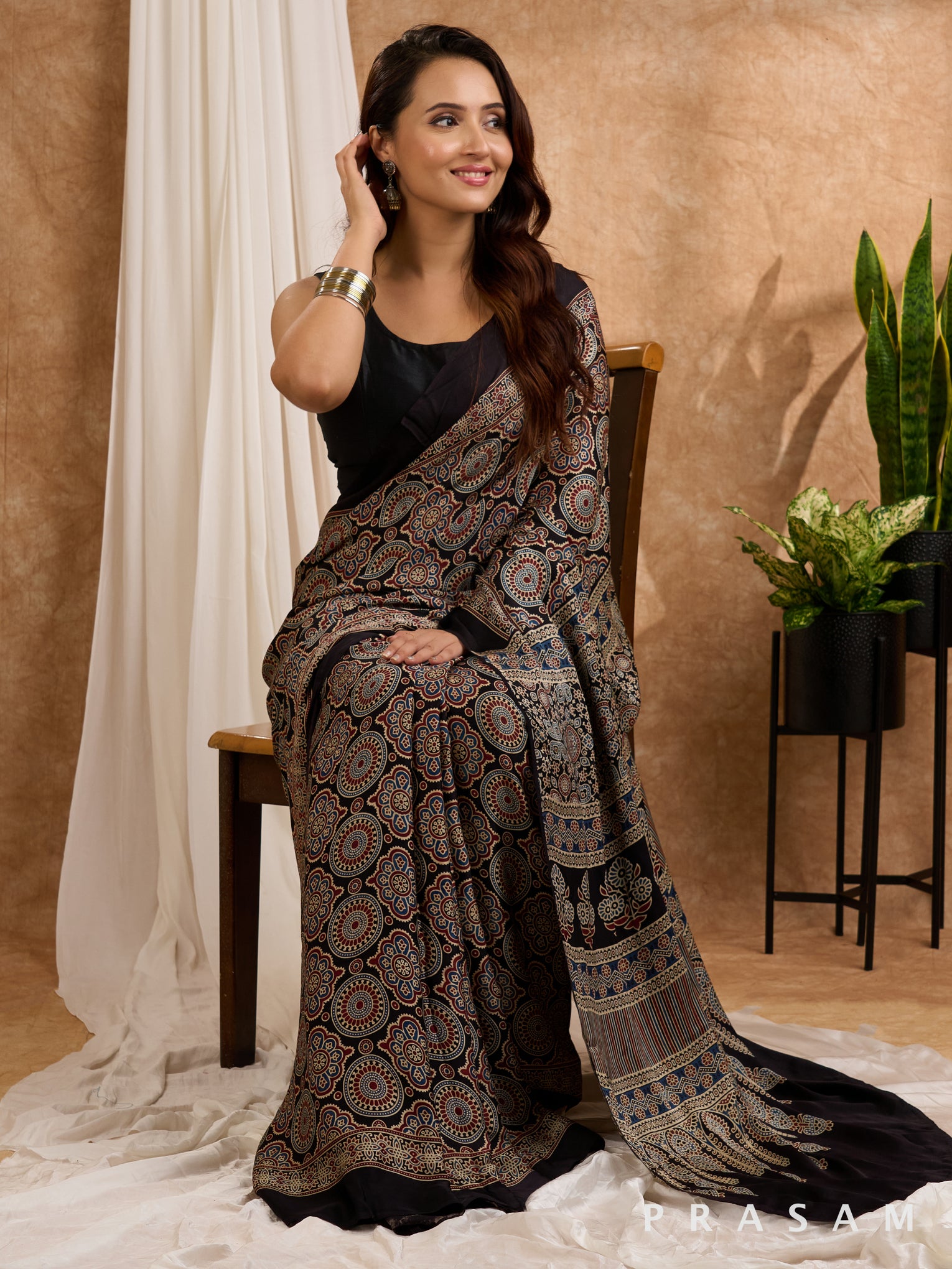 Siyahi - Ajrakh Modal Silk Saree