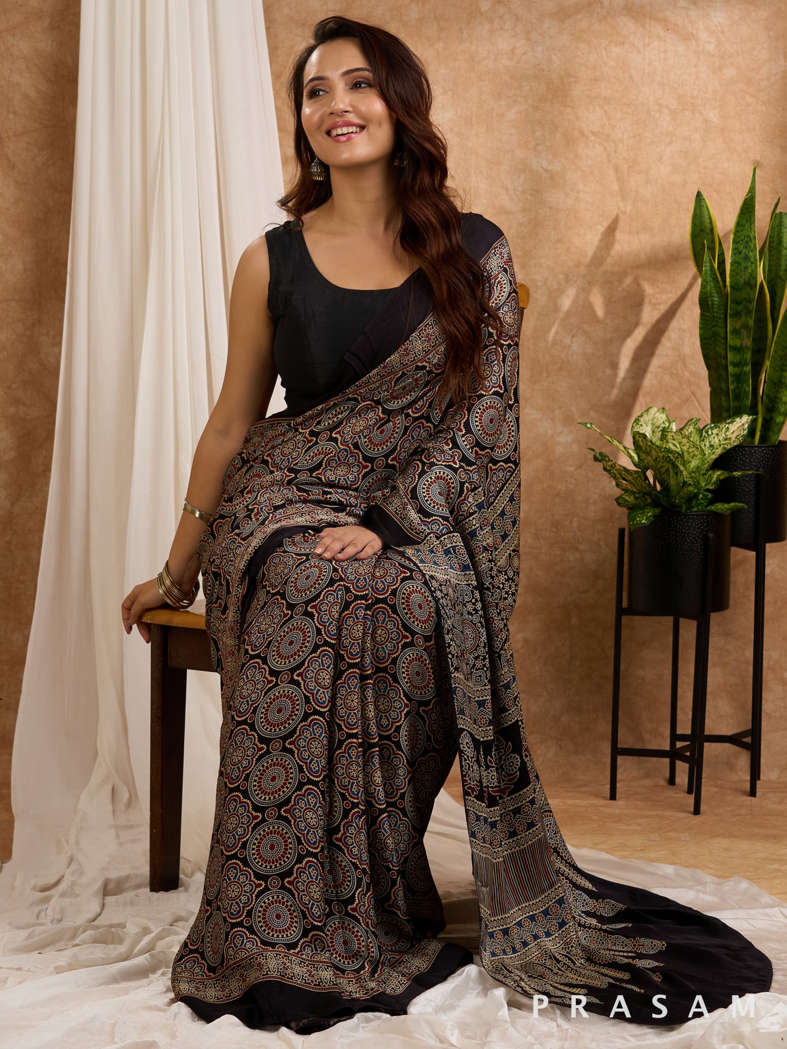 Siyahi - Ajrakh Modal Silk Saree