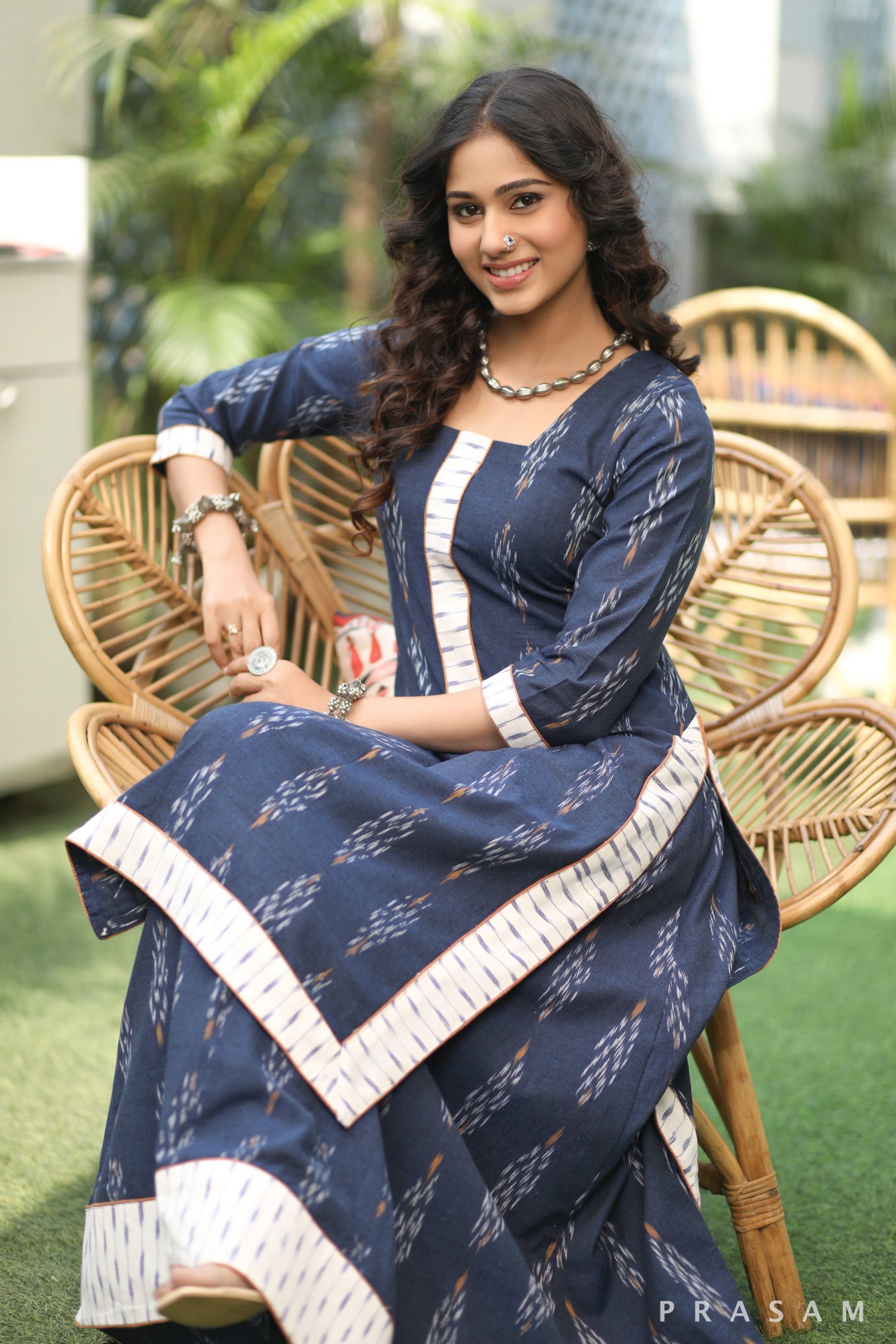 Majestic Peacock Blue Ethnically Exclusive Ikat Kurta With Skirt Bottom Set