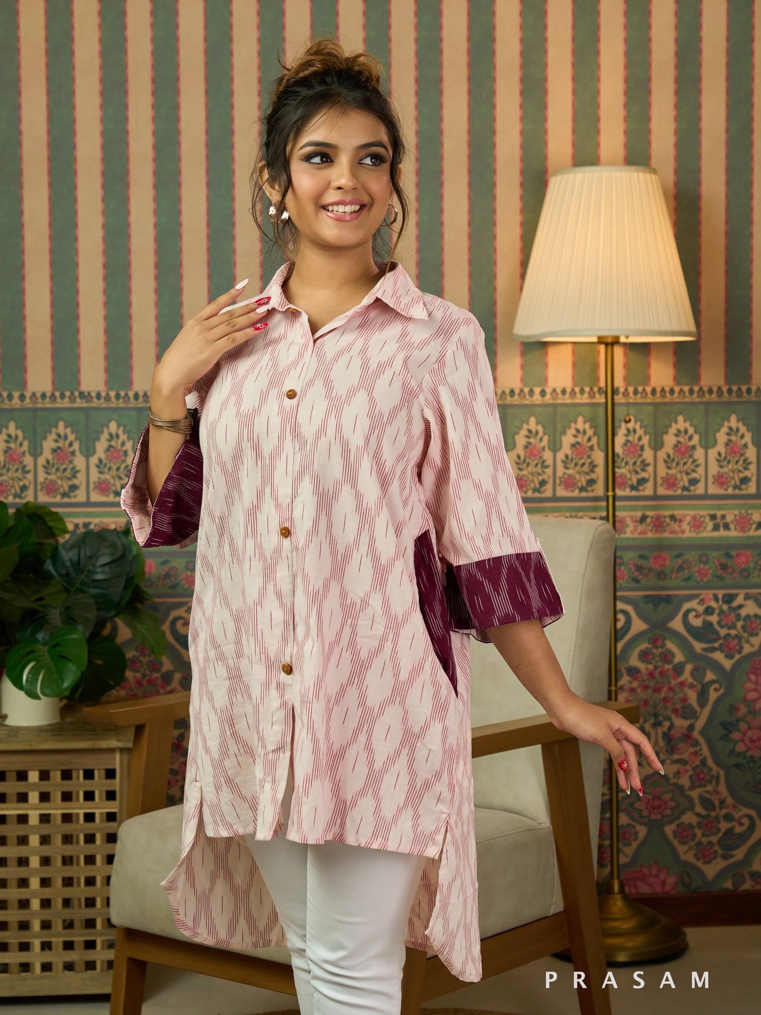 Taffy Amber High-Low Ikat Shirt