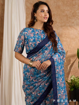 Neelam - Blue Floral Printed Chanderi Saree with Navy Border