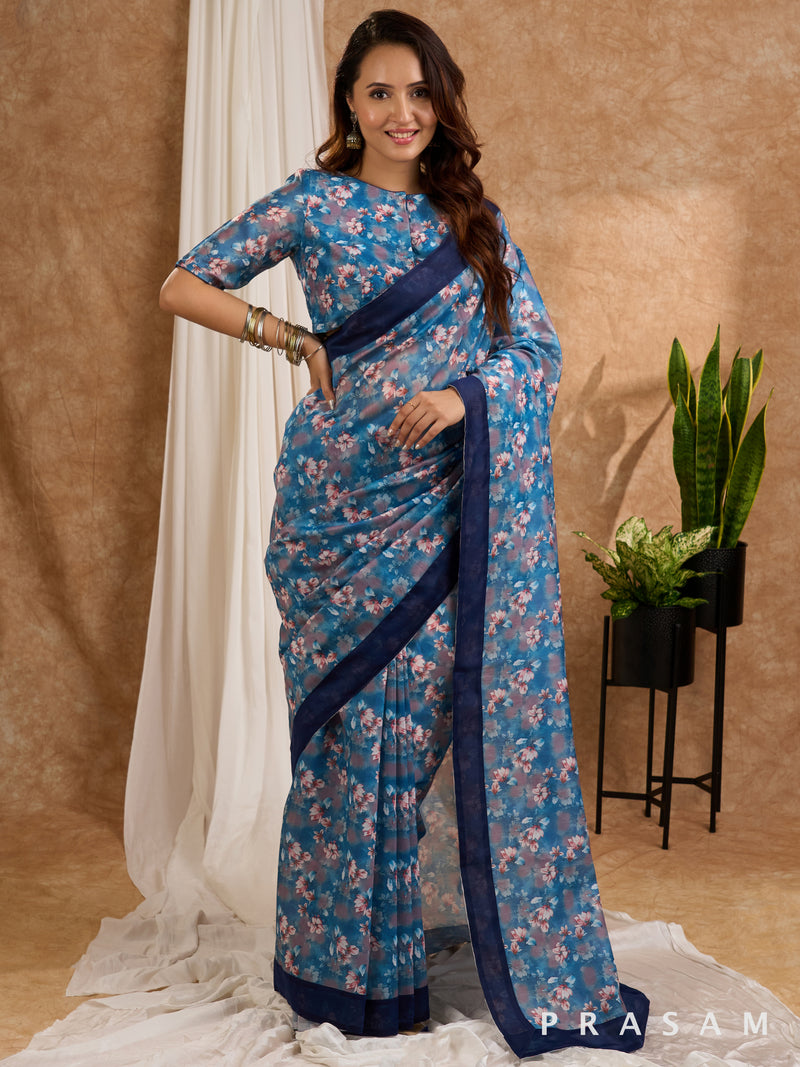 Neelam - Blue Floral Printed Chanderi Saree with Navy Border