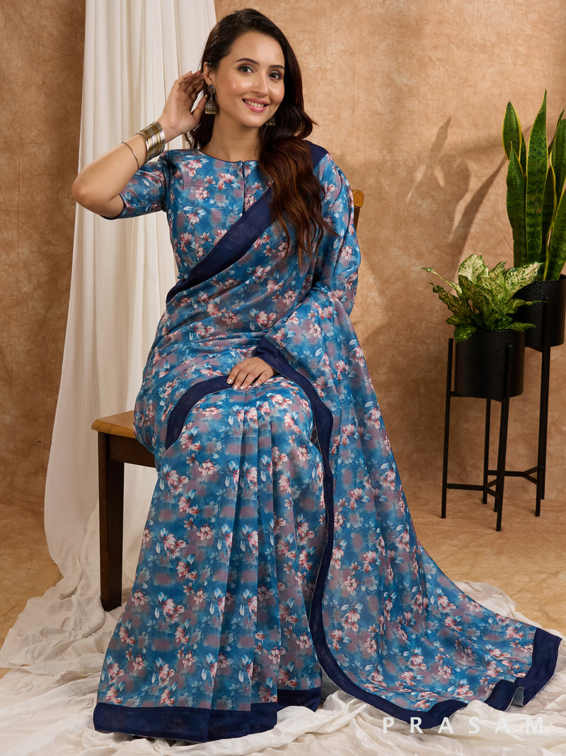 Neelam - Blue Floral Printed Chanderi Saree with Navy Border