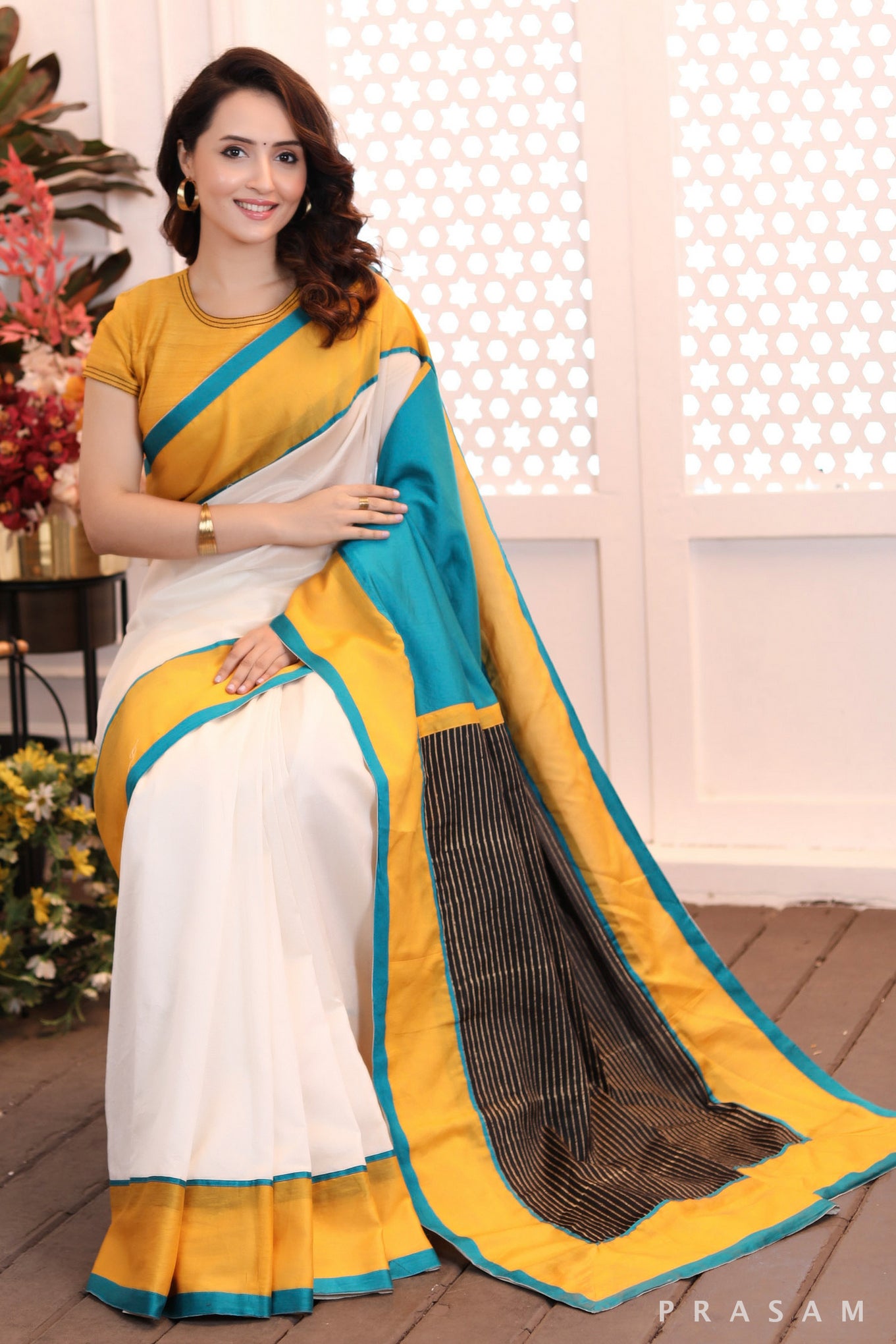 Eternal Enigma Elegant chanderi cut & sew saree with color combinations and black block print pallu prasamcrafts