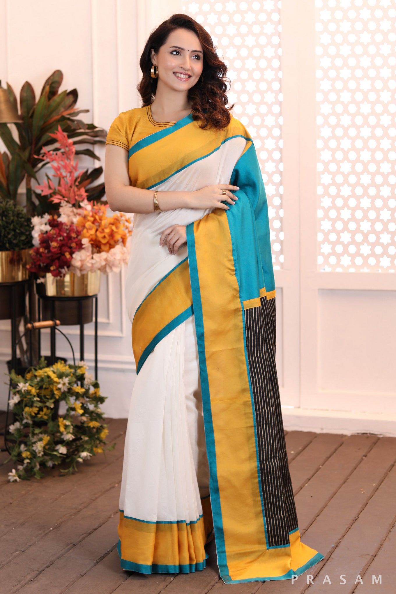 Eternal Enigma Elegant chanderi cut & sew saree with color combinations and black block print pallu prasamcrafts