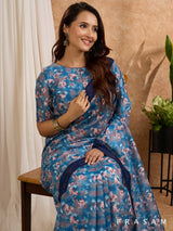 Neelam - Blue Floral Printed Chanderi Saree with Navy Border