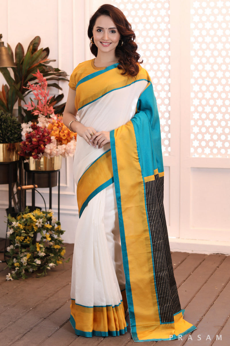 Eternal Enigma Elegant chanderi cut & sew saree with color combinations and black block print pallu prasamcrafts