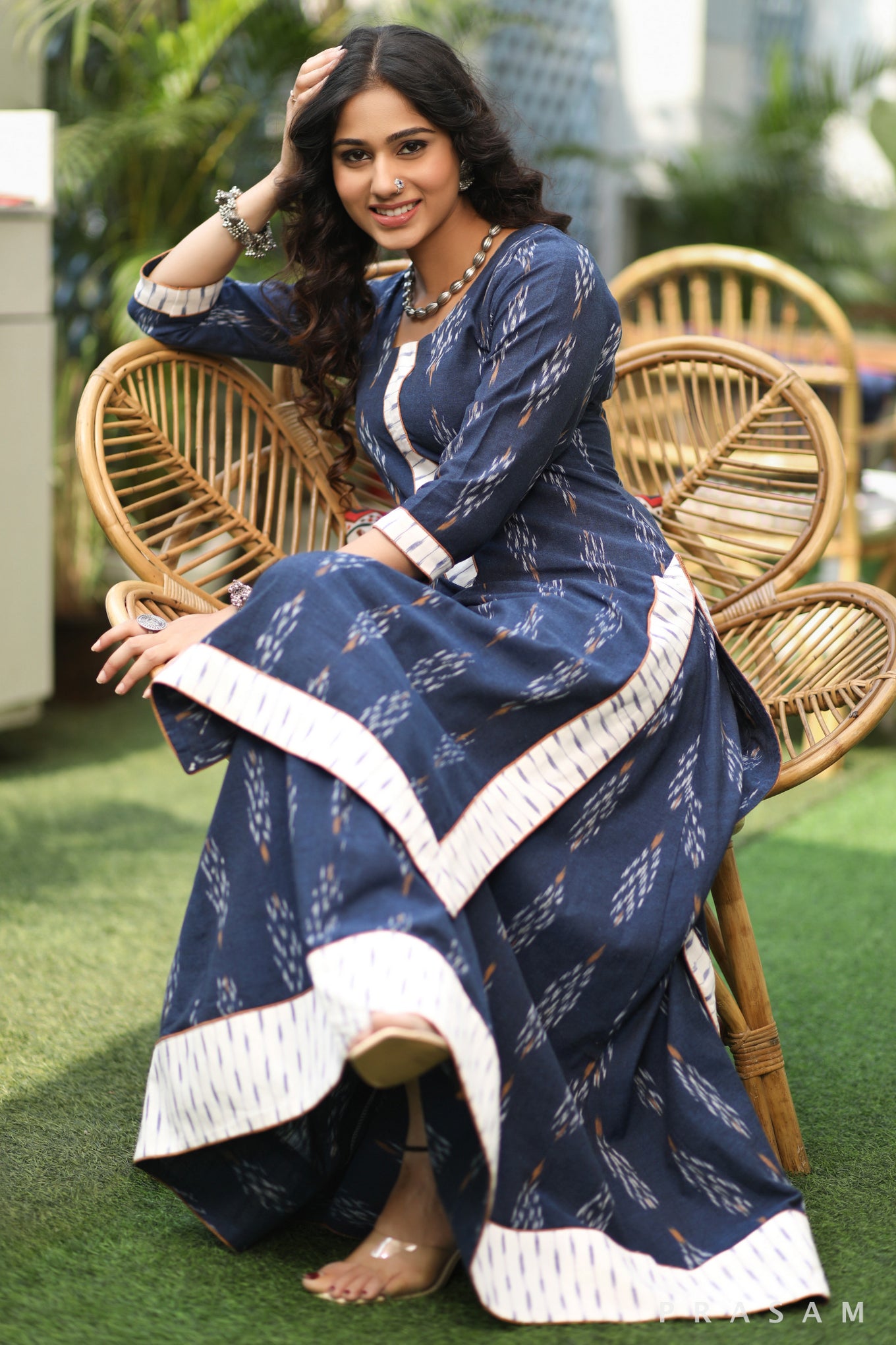 Majestic Peacock Blue Ethnically Exclusive Ikat Kurta With Skirt Bottom Set