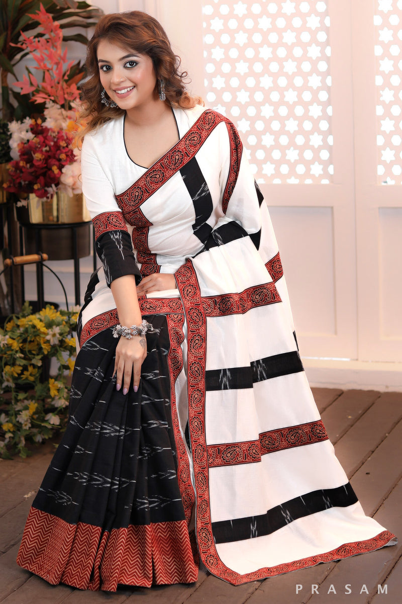 Heritage Harmony Ethnic white chanderi with ikat half and half saree with ajrakh border trims 