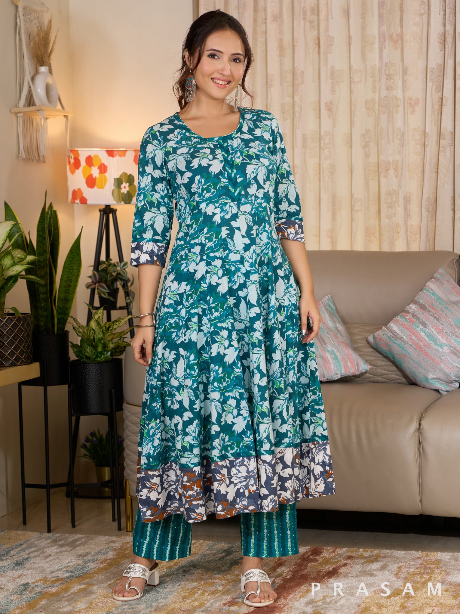 Flared Teal Fusion Cotton Kurti Set with Black Printed Trims