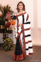 Heritage Harmony Ethnic white chanderi with ikat half and half saree with ajrakh border trims 