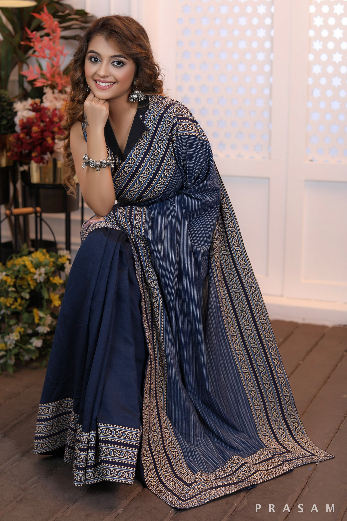 Sapphire Serenade Formal half & half chanderi and cotton mix and cotton ajrakh borders